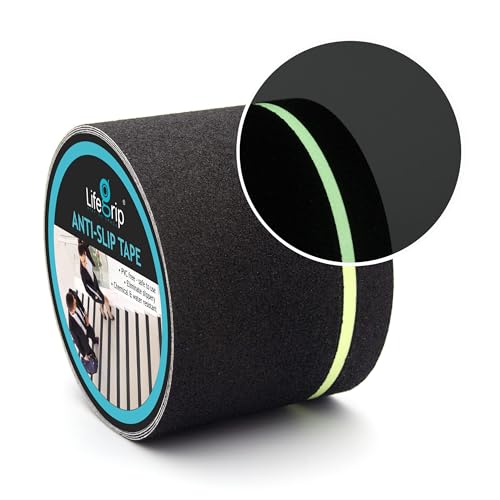LifeGrip Anti Slip Traction Tape with Glow in Dark Green Stripe, 4 Inch x 38 Feet - Best Grip, Friction, Abrasive Adhesive for Stairs, Tread Step, Indoor and Outdoor, Black (4 inch X 38 feet) - color: Black/Green, size: 4" X 38'
