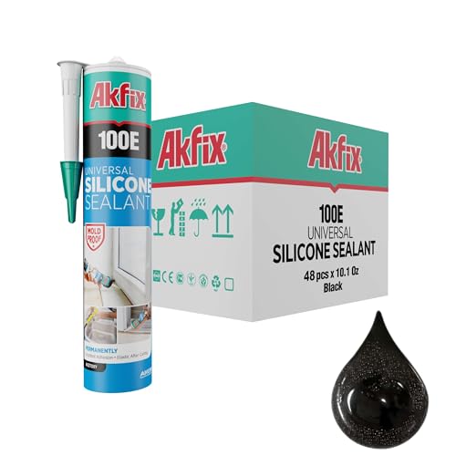 Akfix 100E RTV Black Silicone Caulk (48x10.1 fl.oz.) - 100% Waterproof Silicone Sealant for Kitchen and Bathroom, Shower, Toilet, Sink, Window and Door, No Yellowing | Black, 48 Pack - color: Black, size: 48 Pack