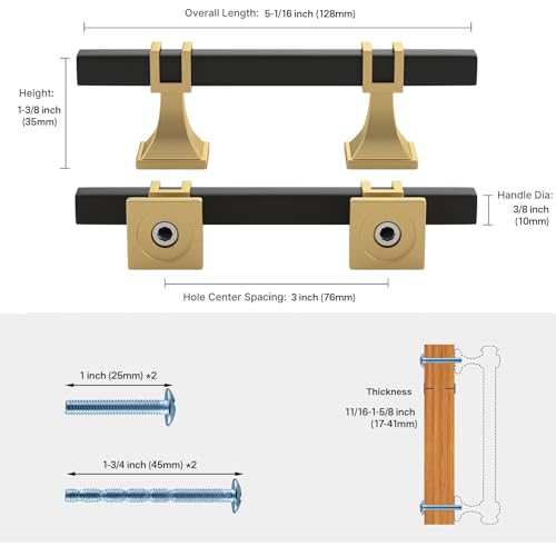 Haliwu 6 Pack 3 Inch Black and Gold Cabinet Pulls Matte Black Drawer Handles Square 2 Tone Hardware for Kitchen Cupboard - color: Black and Matte Gold, size: 76mm(3 inch)