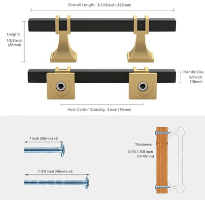 Haliwu 6 Pack 3 Inch Black and Gold Cabinet Pulls Matte Black Drawer Handles Square 2 Tone Hardware for Kitchen Cupboard - color: Black and Matte Gold, size: 76mm(3 inch)