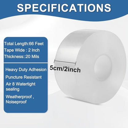 Transparent Window Weather Sealing Tape 2IN x 66 FT Draft Isolation No Residue Removable Adhesive Waterproof Windows Doors Shower Glass AC Units Ideal for Winter Seal & Summer Cold Air Loss Prevention - size: 2 In x 66 FT