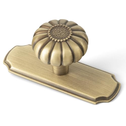 Solid Brass Cabinet Knob with Backplate, Antique Brass Vintage Pumpkin Handle Drawer Pull for Kitchen Cupboard and Dressers, 6 Pack - color: Brushed Antique Brass, size: Knob