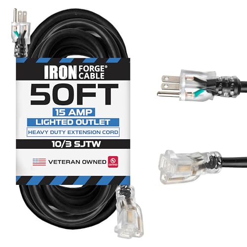 Iron Forge Cable 50 ft Lighted Outdoor Extension Cord - 10/3 SJTW Heavy Duty Black Extension Cable with 3 Prong 15 AMP Grounded Plug for Safety - color: Black, size: 50 Foot