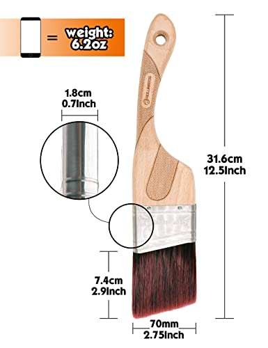 ROLLINGDOG 2 1/2 Inch (63.5mm) Angular Paint Brush with Ergonomic Well Balanced Claw Shaped Beech Wooden Handle, Easy Clean Premium Synthetic Filaments, Perfect for Cutting in and Other Detail Work - color: 2.5" Medium Bristles（pack of 1）