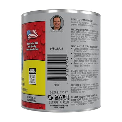 Flex Paste, Waterproof Paintable Putty, Spackle Sealant, Fill Gaps Cracks Holes - Block Out Water and Air - UV Resistant - Walls, Drywall, EPDM, Concrete, Roof, RV Repairs, Clear, Quart - size: Quart