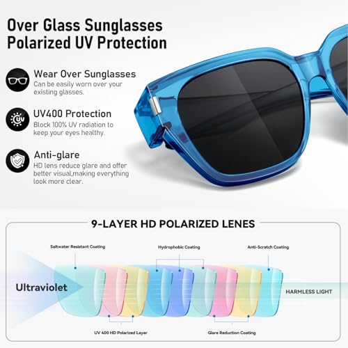 HAOLOTA Polarized Fit Over Glasses Sunglasses for Women Men Trendy Square Wrap Around Shades UV Protection - color: L Size 03 Blue/Grey