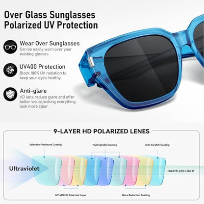 HAOLOTA Polarized Fit Over Glasses Sunglasses for Women Men Trendy Square Wrap Around Shades UV Protection - color: L Size 03 Blue/Grey