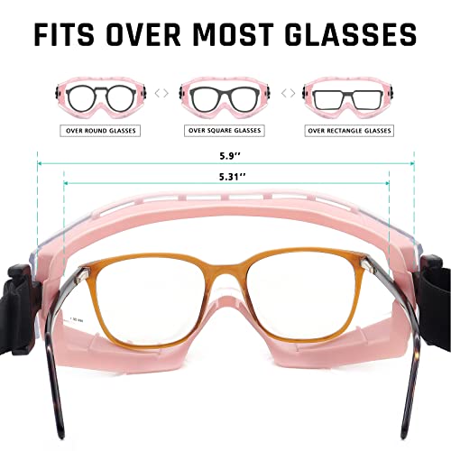 UKNOW Safety Goggles Over Glasses - Anti-Fog Clear Lens - ANSI Z87.1 Certified Eye Protection for Lab Work, Industrial Use - color: Pink
