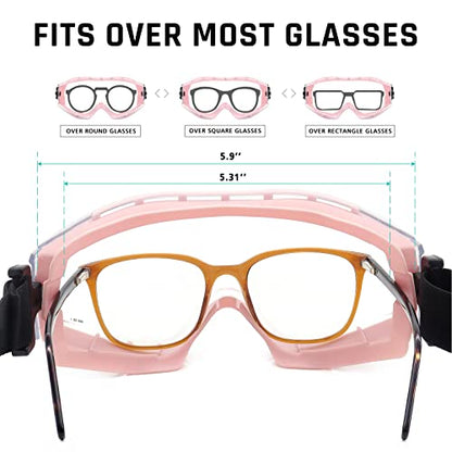 UKNOW Safety Goggles Over Glasses - Anti-Fog Clear Lens - ANSI Z87.1 Certified Eye Protection for Lab Work, Industrial Use - color: Pink