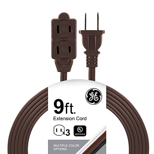 GE 3-Outlet Extension Cord with Multiple Outlets 9 Ft Power Strip 2 Prong 16 Gauge Twist-to-Close Safety Covers Indoor Extender UL Listed Brown 51942 - color: Brown, size: 9 Ft