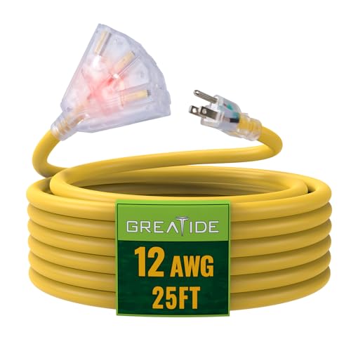 25 Ft Lighted Outdoor Extension Cord with 3 Electrical Power Outlets - 12/3 SJTW Heavy Duty Yellow Extension Cable with 3 Prong Grounded Plug for Safety, UL Listed - color: Yellow, size: 25ft