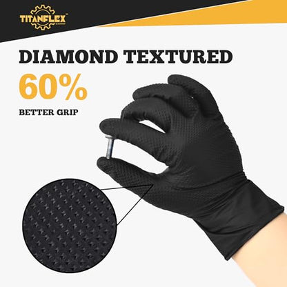 TitanFlex ThorGrip Heavy Duty Black Industrial Nitrile Gloves, Large, Box of 100, Latex Free, Raised Diamond Texture, Powder Free, Food Safe, Mechanic Gloves