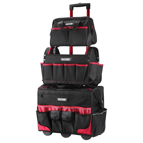 HAUTMEC 3-Piece Rolling Tool Bag Set, 18" Wheeled Tool Bag, 15" Open Top Tool Tote & 12" Wide Mouth Small Bag, Heavy-Duty 1680D Water-Resistant Tool Storage with Off-Road Wheel & Telescoping Handle - style: 3-Pcs Set | Red