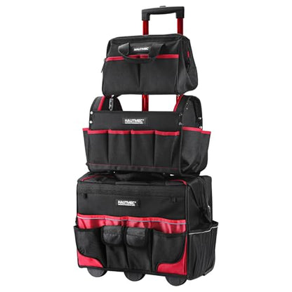 HAUTMEC 3-Piece Rolling Tool Bag Set, 18" Wheeled Tool Bag, 15" Open Top Tool Tote & 12" Wide Mouth Small Bag, Heavy-Duty 1680D Water-Resistant Tool Storage with Off-Road Wheel & Telescoping Handle - style: 3-Pcs Set | Red