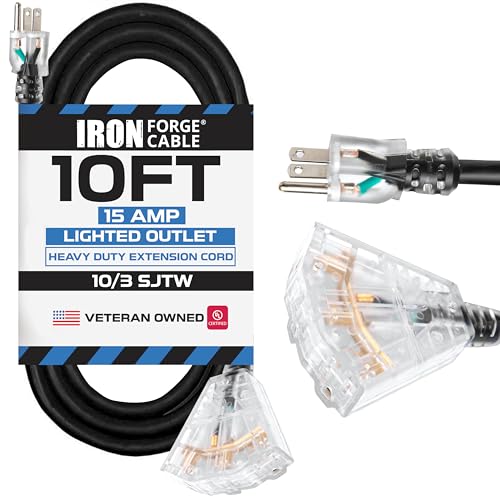 Iron Forge Cable 10 Gauge 10ft Lighted Outdoor Heavy Duty Extension Cord with 3 Outlets - 15 Amp 10/3 SJTW Black Extension Cord with Multiple Outlets - color: Black, size: 10 Foot