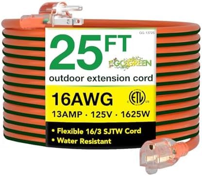 Go Green Power Inc. 16/3 25ft Outdoor Extension Cord with Lighted End - Contractor Grade,Durable,and Moisture Resistant - Ideal for Heavy Duty Tools - GG-13725,(Pack of 12) - color: Orange, size: 25 Ft (Pack of 12), style: 16/3