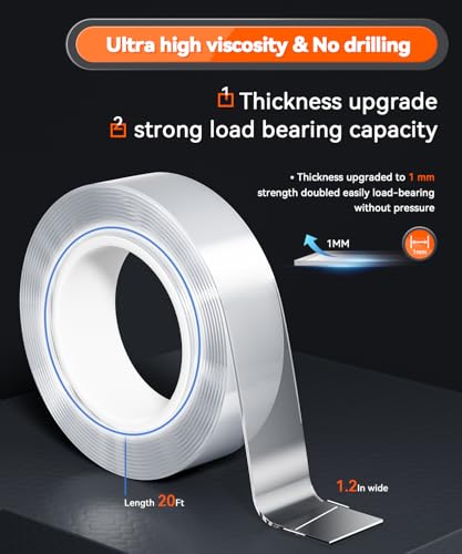 Strong Heavy Duty Double Sided Tape, 1.2" x 20FT Extra Large Clear & Tough Removable Nano Filament Tape for Wall Hanging Strip Poster Deco Rug - size: 1.2" X 20 Ft (1/25" Thick)