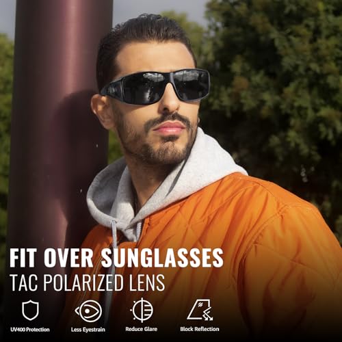 Myiaur Polarized Fit Over Glasses Sunglasses for Men Women, Trendy Wrap Around Sunglasses UV Protection for Driving (2 Pack) - color: A02(2 Pack) Black+transparent Grey