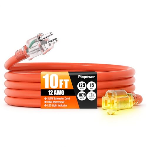 Outdoor Extension Cord 10 FT Waterproof, 12/3 Gauge Heavy Duty 3 Prong Power Cord with Lighted Indicator End, 15A 125V 1875W SJTW, ETL Listed, Great for Lawn/Garden/Home(Orange) - color: Orange, size: 10 FT
