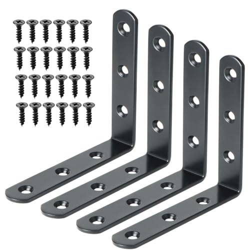 Alise 4 PCS L Brackets Heavy Duty Corner Bracket, 4 X4 Inch Black Floating Shelf Brackets for Shelves, Stainless Steel L Shape Wall Mounting Brackets, Metal L Joint Angle Bracket for Wood Shelving - color: Black, size: (4P) 4x4x0.8 inch