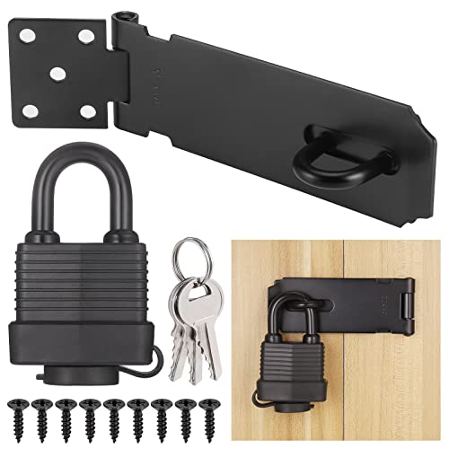 Padlock Latch Lock, 4Inch Stainless Steel Hasp Latch with Padlock Keys Screws, Heavy Duty Black Shed Lock, Waterproof Pad Locks Latches, Gate Locks for Barn Door Cabinet Fence Garage - style: 4Inch
