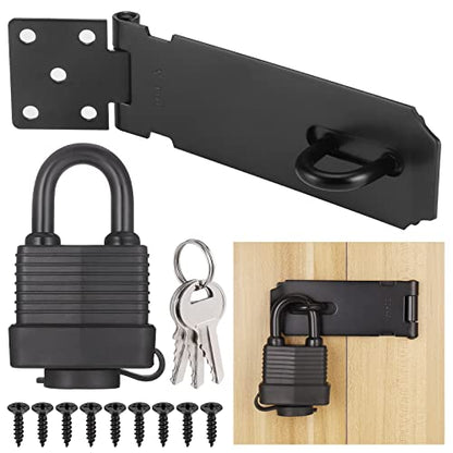Padlock Latch Lock, 4Inch Stainless Steel Hasp Latch with Padlock Keys Screws, Heavy Duty Black Shed Lock, Waterproof Pad Locks Latches, Gate Locks for Barn Door Cabinet Fence Garage - style: 4Inch