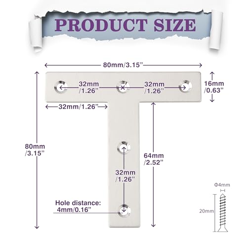 Alise T Flat Brackets,Corner Bracket Corner Brace Mending Plate Repair 80mm x 80mm Stainless Steel Flat Braces for Wood Tables, Chairs, Sofas, Beds, Cabinets, Doors and Windows,Brushed,Pack of 10 - size: 80x80mm, style: Brushed