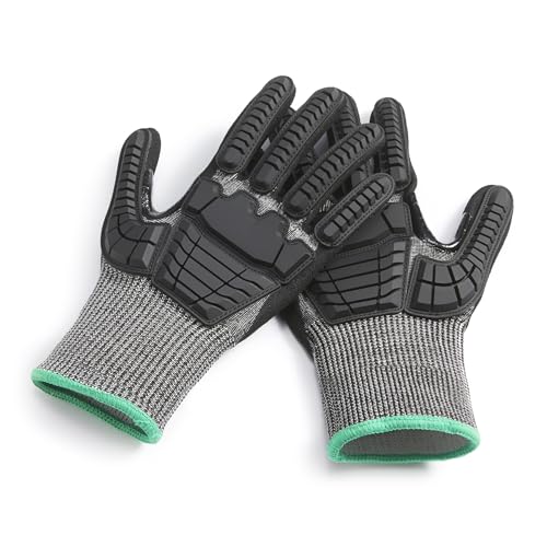 Amazon Basics Impact Protection Work Gloves, Cut Level A2, ANSI Level 4 Abrasion, Touchscreen Compatible, Sandy Nitrile Palm, Large, Black with Green Edge - size: Large