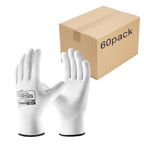 COOLJOB 60 Pairs Safety Work Gloves Pack Bulk with Grip PU Coating, 13 Gauge Seamless Knit Gloves with Polyurethane Dipped for Warehouse Working, Breathable Lightweight for Men Women, White Small - color: White, size: Small (Pack of 60)