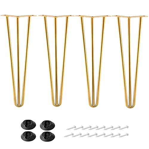 12 Inch Hairpin Legs Metal - 1/2” Dia 3 Rods Design - Mid Century Furniture Table Legs, DIY Furniture Hairpin Feet Gold for Nightstand, Coffee Table and TV Stand, Set of 4 - size: 12 Inch