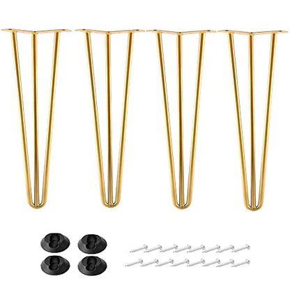 12 Inch Hairpin Legs Metal - 1/2” Dia 3 Rods Design - Mid Century Furniture Table Legs, DIY Furniture Hairpin Feet Gold for Nightstand, Coffee Table and TV Stand, Set of 4 - size: 12 Inch