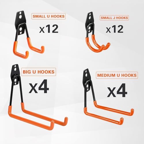 Steel Garage Storage Hooks - 32 Pack Anti-Slip Coating, Heavy Duty Wall Mount Wall Hooks for Hanging Bike, Ladder, Garden Tools, Power Tools, Bulk Items Ropes, Utility Garage Organization Housolution - size: 32pcs - Orange