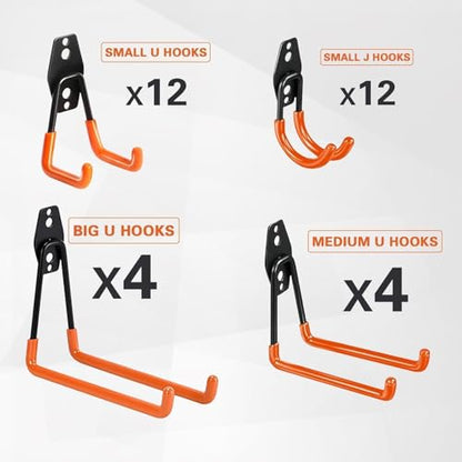Steel Garage Storage Hooks - 32 Pack Anti-Slip Coating, Heavy Duty Wall Mount Wall Hooks for Hanging Bike, Ladder, Garden Tools, Power Tools, Bulk Items Ropes, Utility Garage Organization Housolution - size: 32pcs - Orange