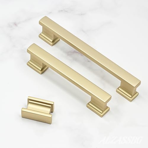 Alzassbg 10 Pack Brushed Gold Cabinet Pulls, 3-3/4 Inch(96mm) Hole Centers Kitchen Cabinet Handles for Cabinets and Drawers AL3061MGP - color: Brushed Gold, size: 3-3/4" Hole Center