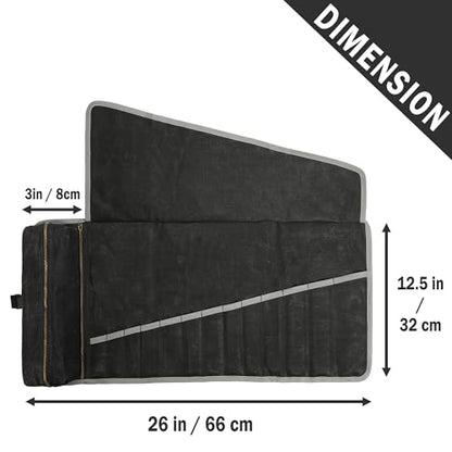 Kaaltisy Roll Up Tool Bag, 16OZ Waxed Canvas Tool Roll Organizer - 26" L x 12.5" W, Regular Wrench Slots + 1 Zipper Pocket + 1 Detachable Bag, Canvas Tool Storage Roll with Buckle for Hand Tool Set - color: Black
