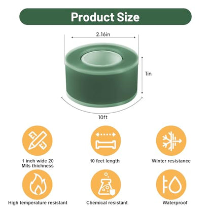 2-Pack Green Silicone Tape (20 Ft Total) - Flexible Grip Tape for Sport Rackets & Fishing Rods - Leak Seal Repair for Irrigation Pipes - Easy-Peel Liner, 1 Inch x 10 Feet - color: Green