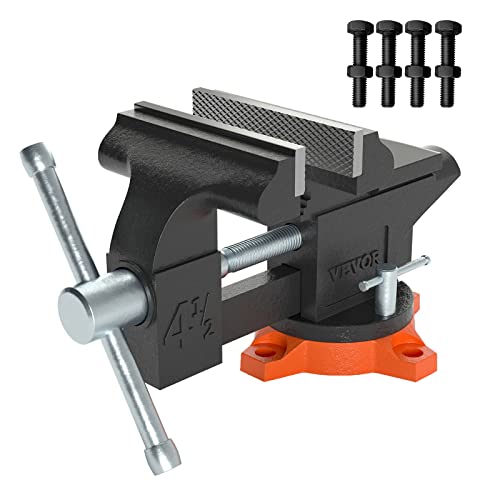 VEVOR Bench Vise, 4.5-inch Jaw Width 3.3-inch Jaw Opening, 240-Degree Swivel Locking Base Multipurpose Vise w/Anvil, Heavy Duty Cast Iron Workbench Vise w/Bolts & Nuts, for Drilling, Pipe Cutting - size: 4.5 Inch