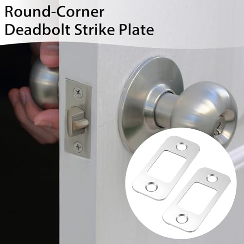 2 Pack Round Corner Deadbolt Strike Plate Door Backplate Silver 1" x 2-1/4" Door Backplate Stainless Steel Doors Lock Replacement Parts with 4 Screws Plates Doors Strike Plate