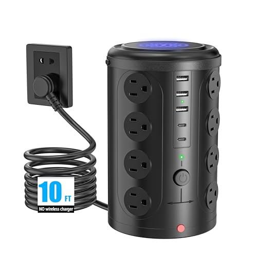 Power Strip Surge Protector Tower with 16 Outlets and 5 USB Ports (2 USB-C), 10ft Extension Cord, 45° Flat Plug, Charging Station for Home, Office, Dorm Room Essentials (Black) - size: 10ft Without Wireless Charging