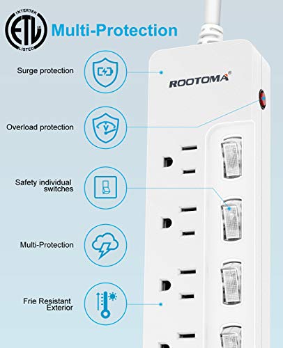 ROOTOMA Power Strip Surge Protector with Individual Switches,6-Foot 14AWG Long Extension Cord 1875W/15A Wall Mount for Office Dorm Home Theatre (6outlets-6ft) - size: 6 Ft - 6 Ac - White