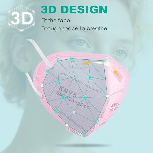 LEMENT KN95 Face Masks,100 Pack Breathable Cup Dust Disposable Masks For Adults,Pink - color: Adult-100 Pack-pink