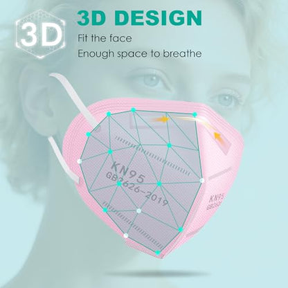LEMENT KN95 Face Masks,100 Pack Breathable Cup Dust Disposable Masks For Adults,Pink - color: Adult-100 Pack-pink