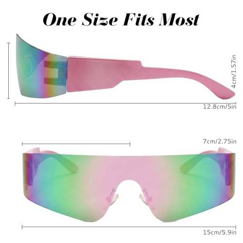 2 Pcs Futuristic Wrap Around Sunglasses Y2K Fashion Trendy Rimless Glasses Punk Eyewear for Women Men - color: Silver+pink