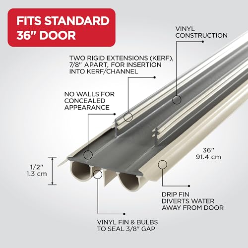 M-D Building Products 43820 Vinyl Concealed Kerf/Channel Fit Under Door Seal, Easy-to-Install Draft Stopper, Energy-Saving Door Insulation, Noise Reduction, Ideal for Home (36 Inch, Beige)