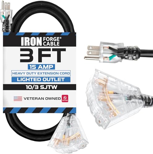 Iron Forge Cable 3 ft Lighted 10 Gauge Extension Cord 3 Outlets - Heavy Duty Extension Cord Outdoor with Multiple Outlets 15 AMP, 10/3 Black Power Cable SJTW Weatherproof 3 Prong Grounded Plug - color: Black, size: 3 Foot