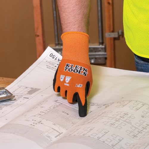 KLEIN TOOLS 60672 Work Gloves, Knit Dipped Cut Resistant ANSI A1 Nitrile Coated Gloves, Nylon-Spandex, Touchscreen Capable, Large, 1-Pair - size: Large, style: 1-pair Pack