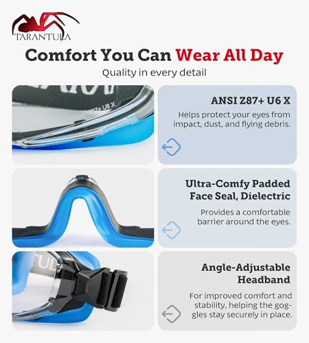 Tarantula ANSI Z87.1+ Safety Goggles Over Glasses, Anti-Fog & Anti-Scratch, Adjustable Strap, Lab Eye Protection, Woodworking - color: Clear & Blue