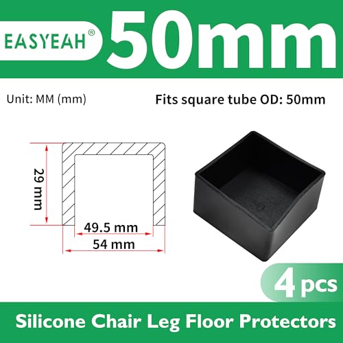 EASYEAH 2"(50 mm) Square Chair Leg Caps, Silicone Chair Leg Floor Protectors, Flexible End Caps, Non-Slip Rubber Chair Feet Covers for Hardwood Floors, Tables & Patio Furniture, Black (4 PCS) - size: 2"(50 Mm)