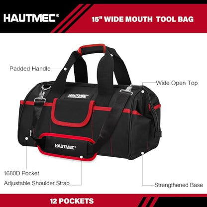 HAUTMEC 2-Piece Rolling Tool Bag Set, 15" Wheeled Tool Bag & Wide Mouth Tool Tote, Heavy-Duty Tool Storage Organizer with Durable Off-Road Wheel, Steel Telescoping Handle & Shoulder Strap – HT0288 - style: 2-Pcs Set | Black