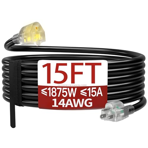 15 FT 14/3 Extension Cord Outdoor, Heavy Duty Weatherproof & Flame Retardant Black 3 Prong Power Cord with Light, Outside for Lawn & Garden, 15 Amps 1875 Watts 125 VAC 14AWG SJTW, ETL Listed - color: Black, size: 15FT, style: 14AWG